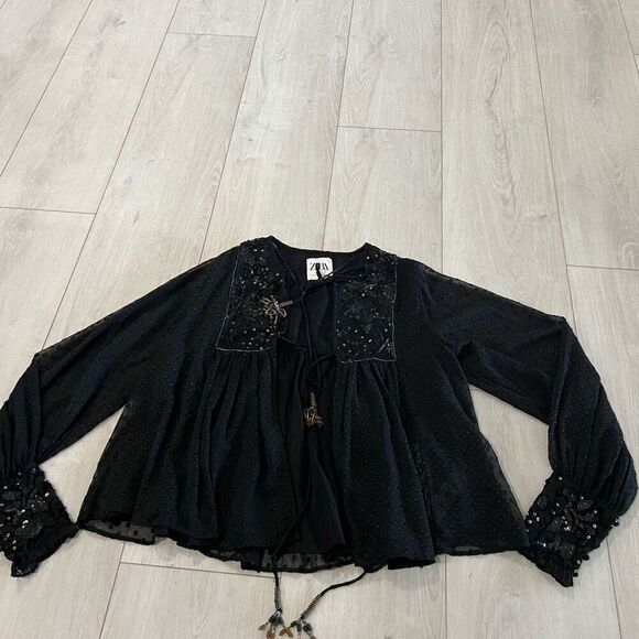 Zara Plumetis Sequined Tie Front Bolero Jacket Tassels Clip Dot - XS - Picture 1 of 12